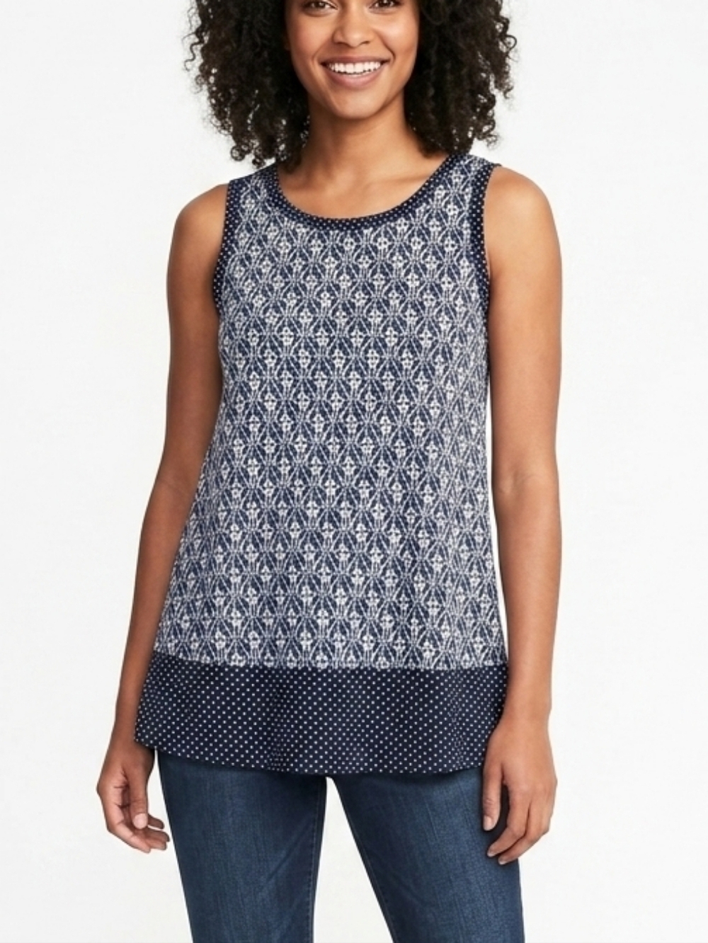 Roz & Ali Navy Blue Mixed Print Sleeveless Tank Top Size Large Ikat Polka Dot